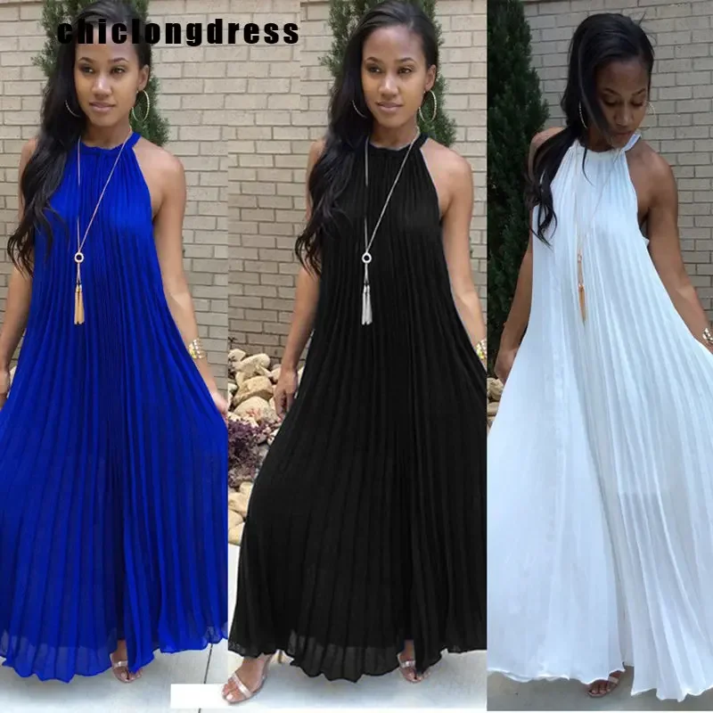 

Halter Pleated Summer Women Dress Femme Beach Dresses Off The Shoulder Bohemia Long Sexy Dress Female Vestidos