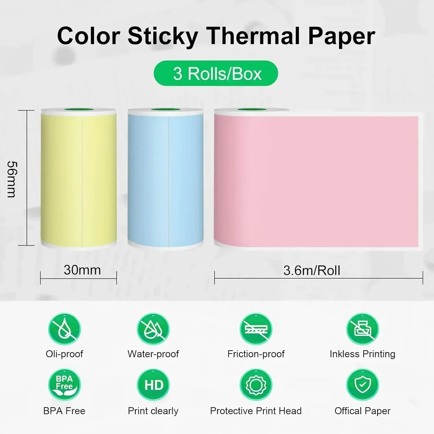 Thermal Paper, Adhesive Label Color Sticker Photo Printing Paper 3 Rolls/Box For Mini Printer Waterproof Oilproof BPA Free