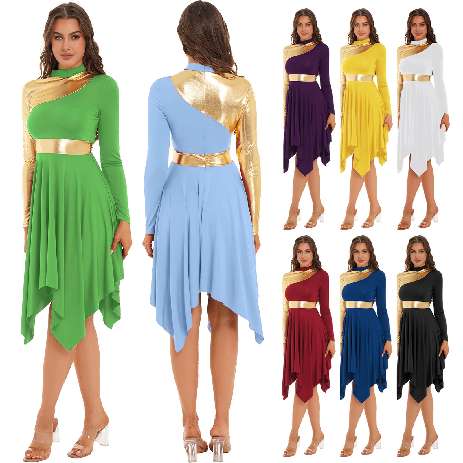 Women Adult Long Sleeve Lyrical Ballroom Performance Dress Color Block Praise Dance Tunic Dress Liturgical Worship Dance Dresses