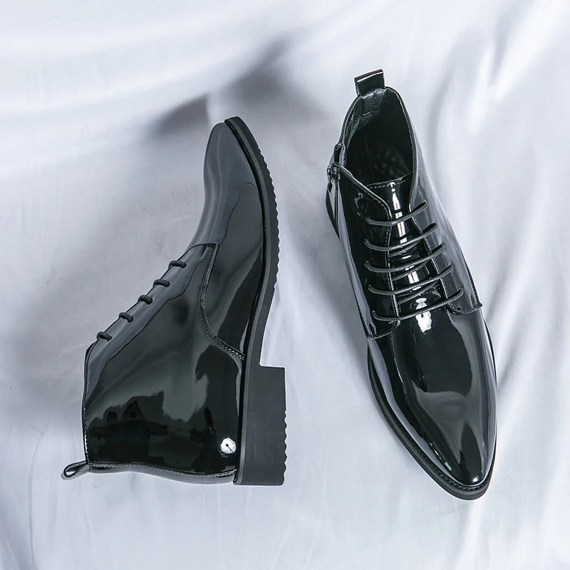 Luxury Chelsea Boots Men's Shiny Leather Shoes Pointed High Top Shoes Men's Banquet Dress Shoes High-end Purple Red Short Boots