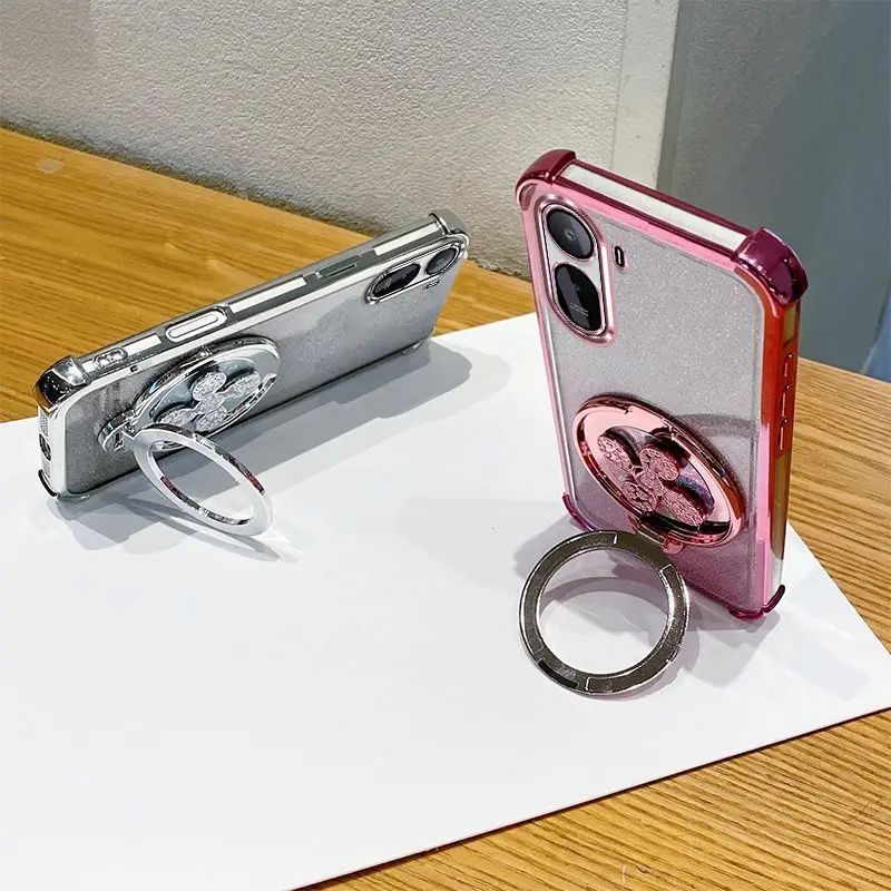 Gradient Glitter Electroplated Phone Case with Hand Strap Holder