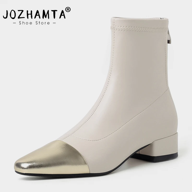 

JOZHAMTA Size 34-42 Women Ankle Boots Real Leather Thick Heels Winter Shoes Woman 2024 Fashion Zipper Elastic Stretch Boots