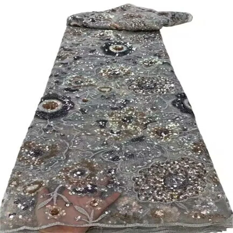

French Tulle Elasticity Net Lace Fabric gray Hot Sale Nigerian 3D flowers Sequins Handmade Lace Fabrics 5 Yards African Lace