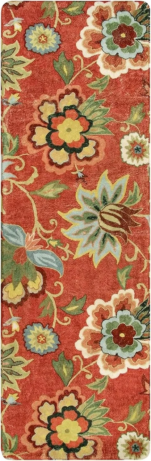 שטיח רץ עם דוגמת גפנים פרחונית ועיצוב בוהו למסדרון, שטיח רך ומונע החלקה לסלון, ליד המיטה או לדלת המטבח