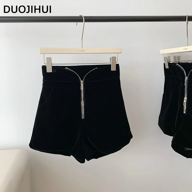 DUOJIHUI Autumn Black Chic High Waist Female Shorts Classic Loose A-line Fashion Zipper Simple Solid Color Casual Women's Short