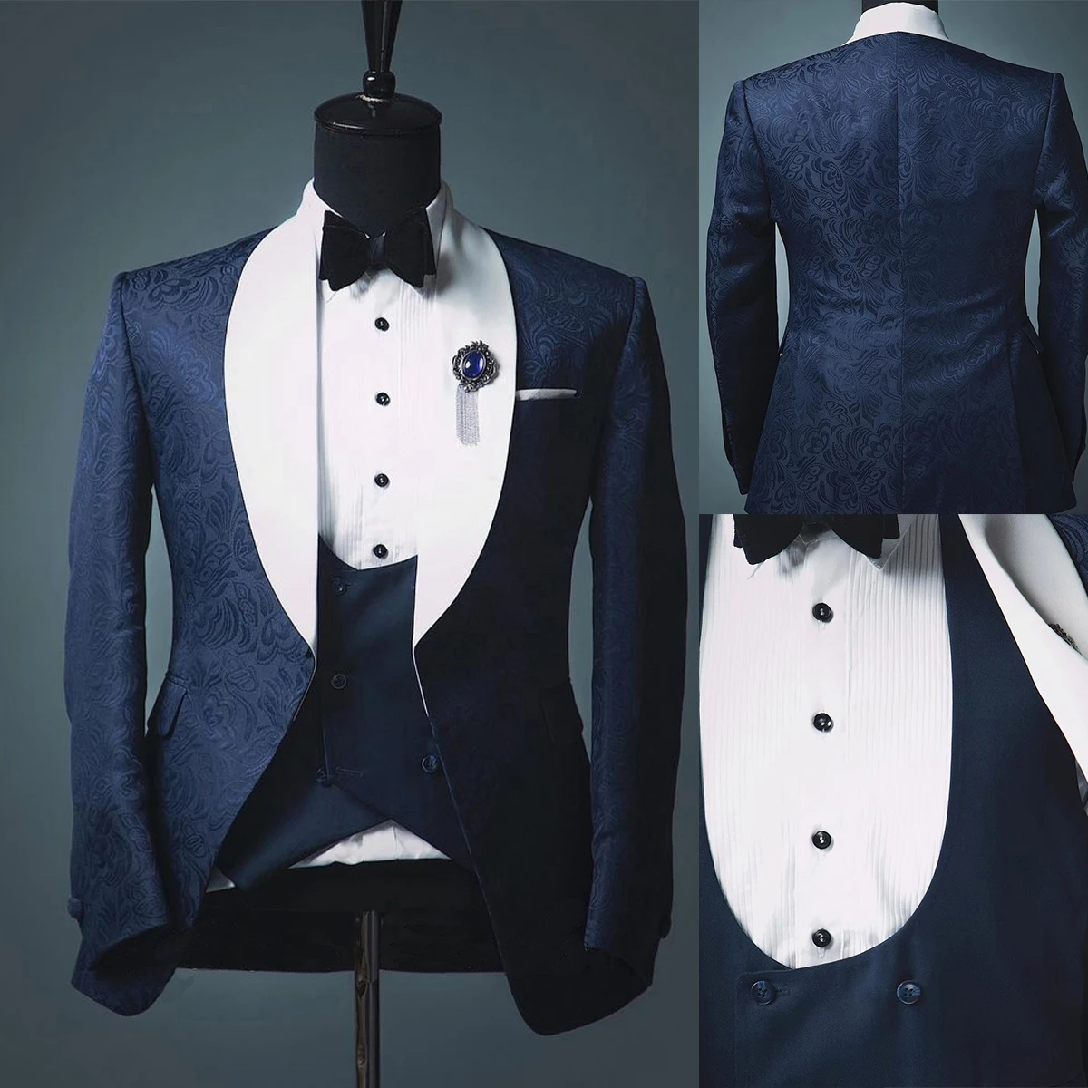 Navy New Men Suits 2 Pieces jacquard Blazer Vest One Button White Satin Lapel Tuxedo Fashion Wedding Formal Work Causal Tailored