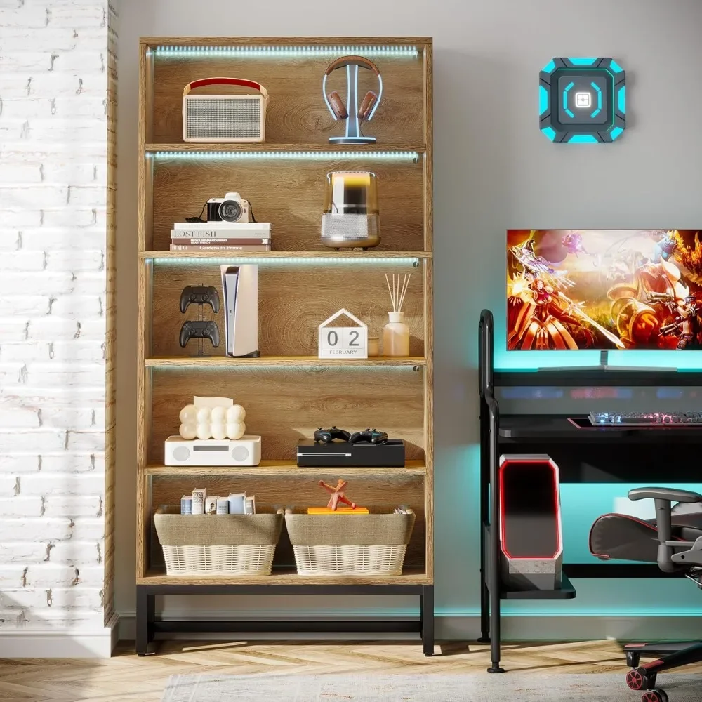 5-shelf bookshelf with LED lighting styled with books