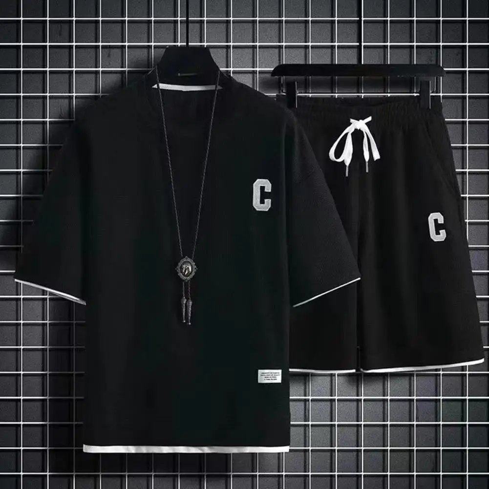 Adjustable Drawstring Outfit Men's Letter Print Sportswear Set with O-neck Short Sleeve T-shirt Elastic Waist Shorts Two black women letter print high waist skinny leggings long sleeve slim outfit running tracksuit two pieces set female sportswear