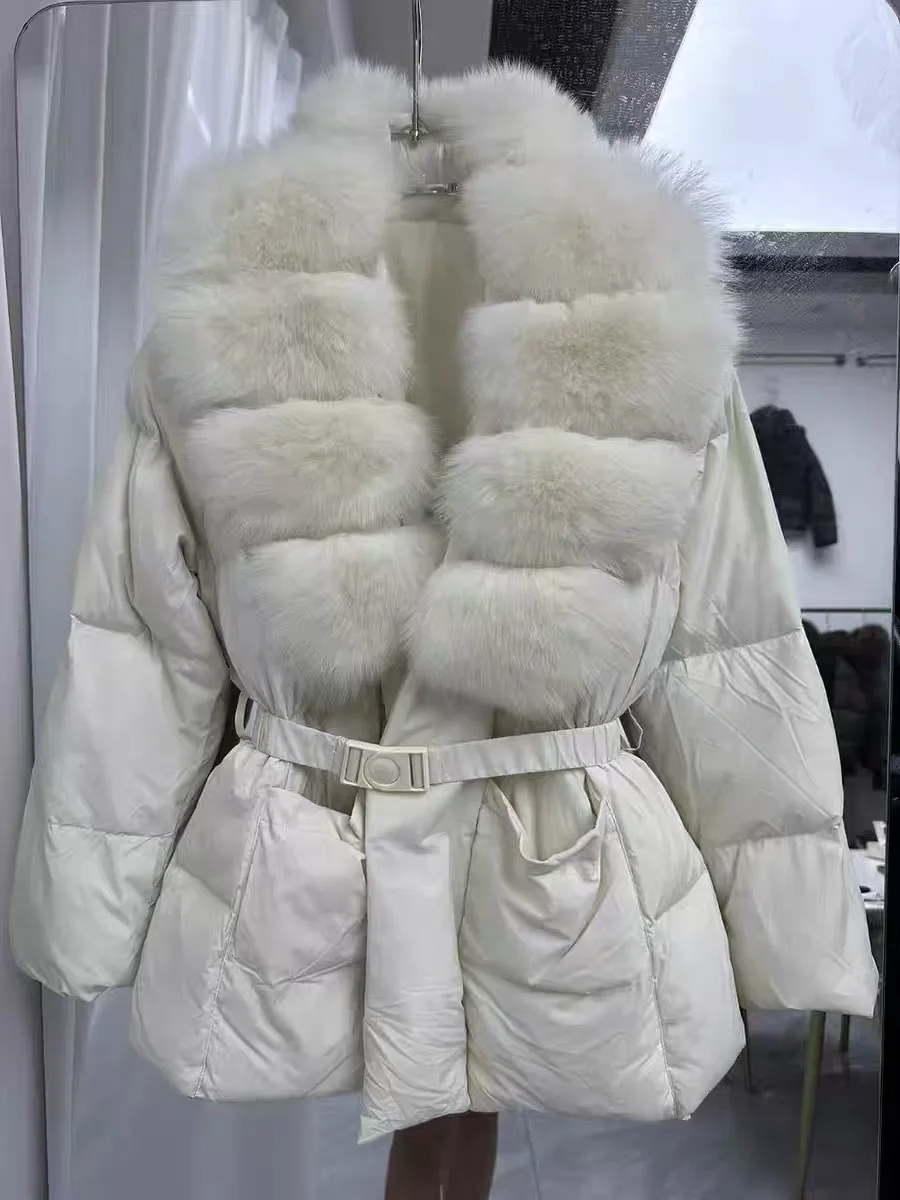 Winter High End Natural Large Fur Collar Down Jacket Women White Duck Down with Belt Outwears Female Solid Thicken Warm Jackets