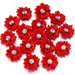 Elegant Handmade Satin Ribbon Flowers with Rhinestone Accents - Set of 20 Decorative Pieces for Clothing and Crafting (Red)