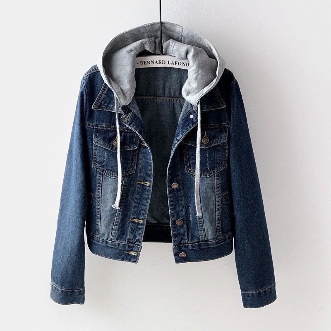 Denim Jacket Woman Hooded Short Style Clothing Retro Topcoat Pocket Buttons Long Sleeved Warm Tops Loose Fitting Autumn Winter