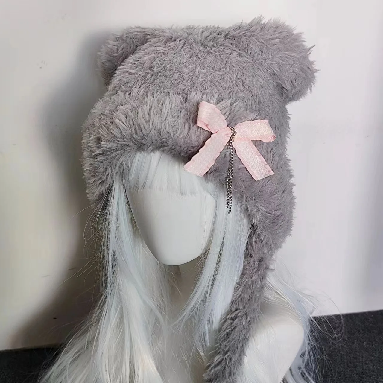 Harajuku Gothic Lolita Y2K Knitted Bear Ear Bowknot Chain Hat Women Punk Designer Winter Black Beanie Female Accessories Cap