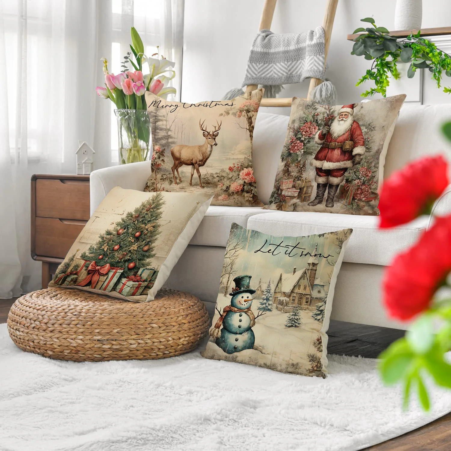 

Рождественская наволочка XIXIHAHA в стиле ретро, Высококачественная льняная наволочка для подушки с Санта Клаусом, оленем, снеговиком, рождественской елкой, Deocr 2023