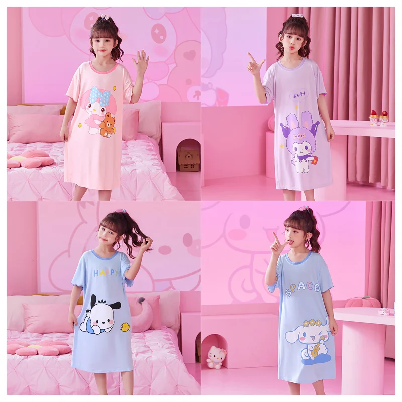 

Cute Cartoon Sanrios Girls' Summer Short Sleeved Nightgown Anime My Melody Cinnamoroll Pochacco Printed Pajama Dress Kids Gift