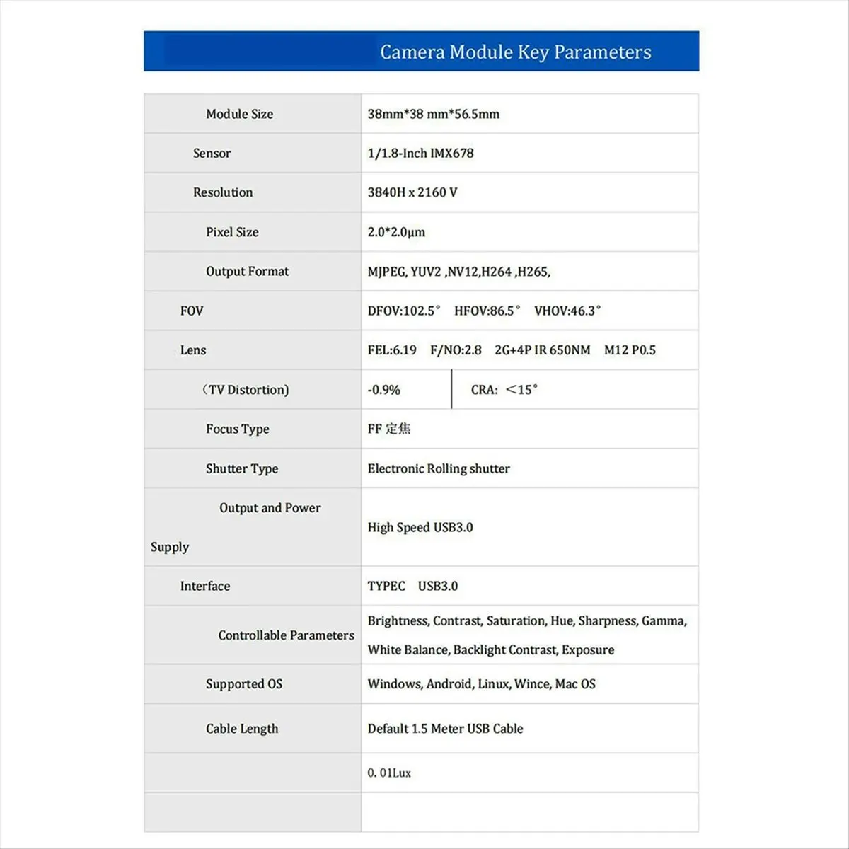 (BAAY) 4K 8MP HD 1/1.8인치 IMX678 카메라 모듈 60 FPS USB3.0 Type-C 0.01Lux 스캐닝 자동판매기 MJPG YUY2 NV12 H264 H265