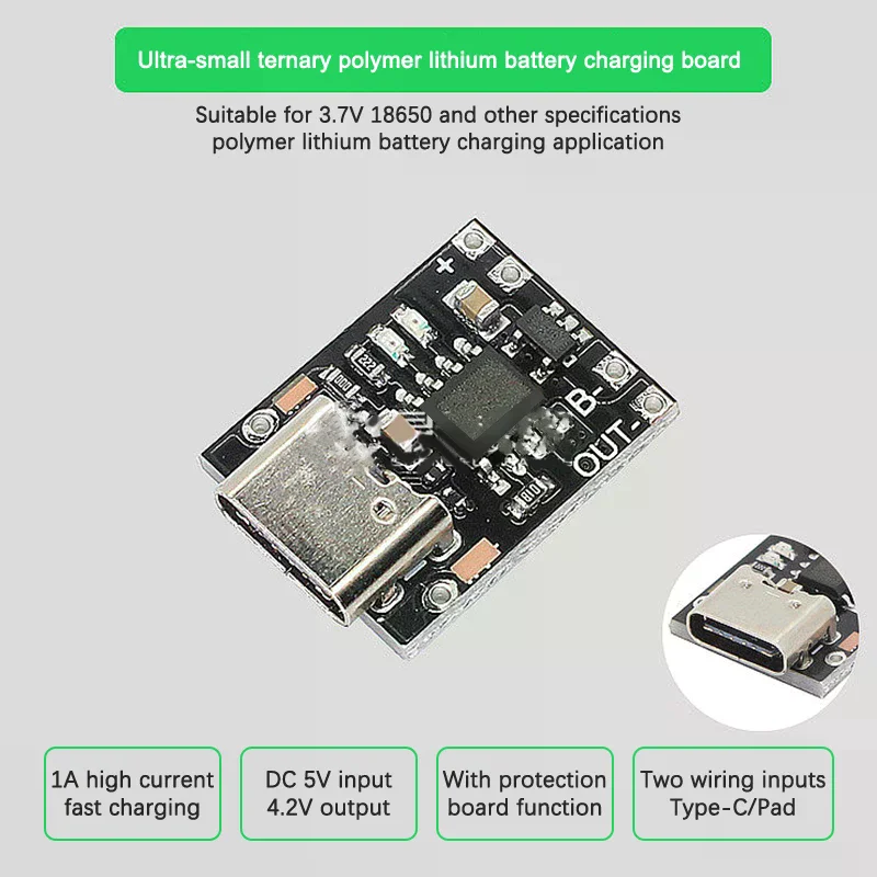1PC 초소형 리튬 배터리 충전 보드 1A 3.7V4.2V 충전기 모듈 유형-C 보호 보드 포함