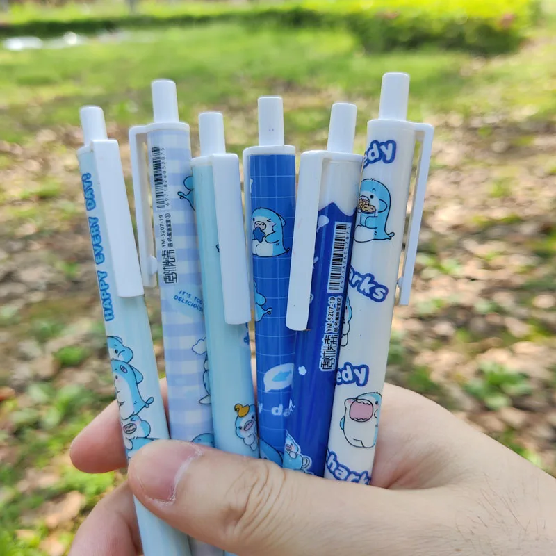 카와이 젤 펜, 재미있는 상어 스타일, 블랙 퀵 드라이 카본 펜, 사무실 미학 문구 용품, 6 개 팩