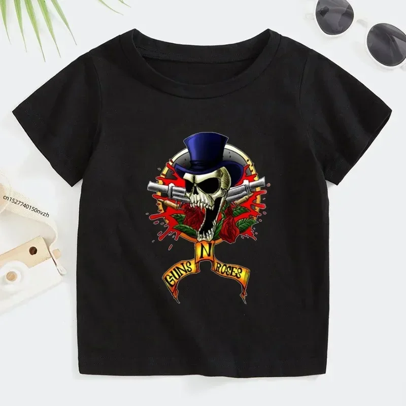 Camiseta de verano para niños de 2 a 14 años, banda de rock Gun N Roses, camisetas de manga corta de música Kpop para niños y niñas, ropa informal de algodón para niños