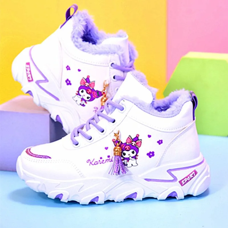 

Kawaii Sanrio Kuromi Kids Plus Velvet Shoes Childrens Sneakers Cartoon Leather Surface Sports Breathable Footwear Christmas Gift