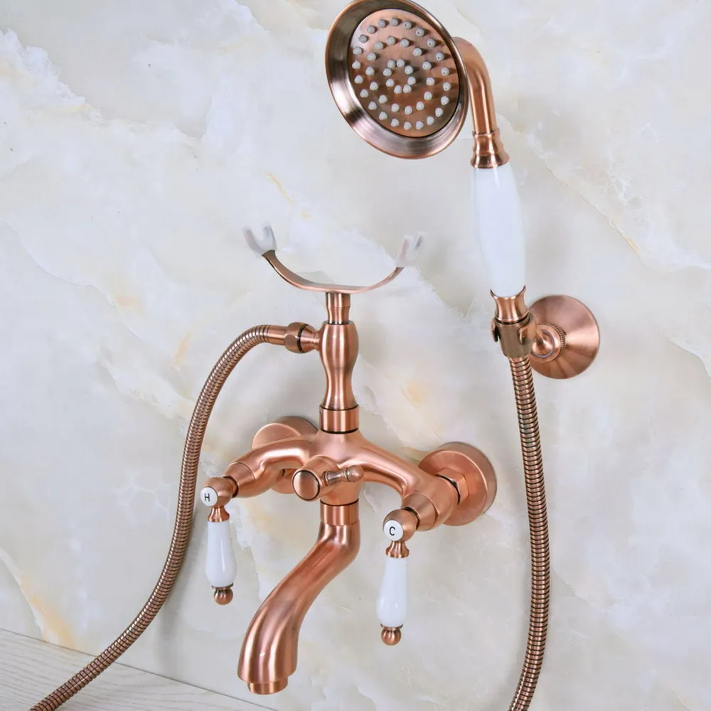 

Antique Red Copper Double Handle Wall Mounted Bathroom Bath Tub Faucet Set with 1500MM Hand Held Shower Spray Mixer Tap 2na363