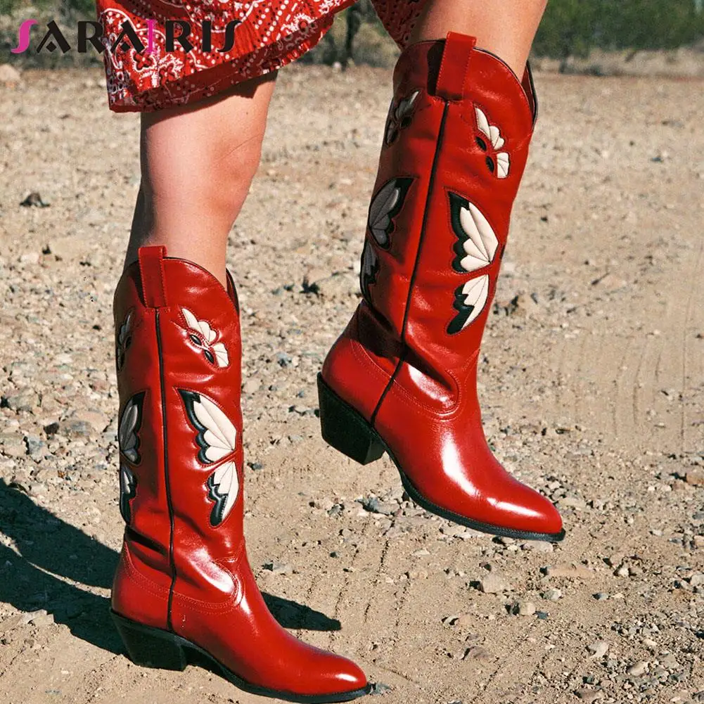 

Brand New 2022 Autumn Winter Women's Western Mid Calf Boots Chunky Heels Butterfly Cowgirl Cowboy Long Boots Shoes For Woman