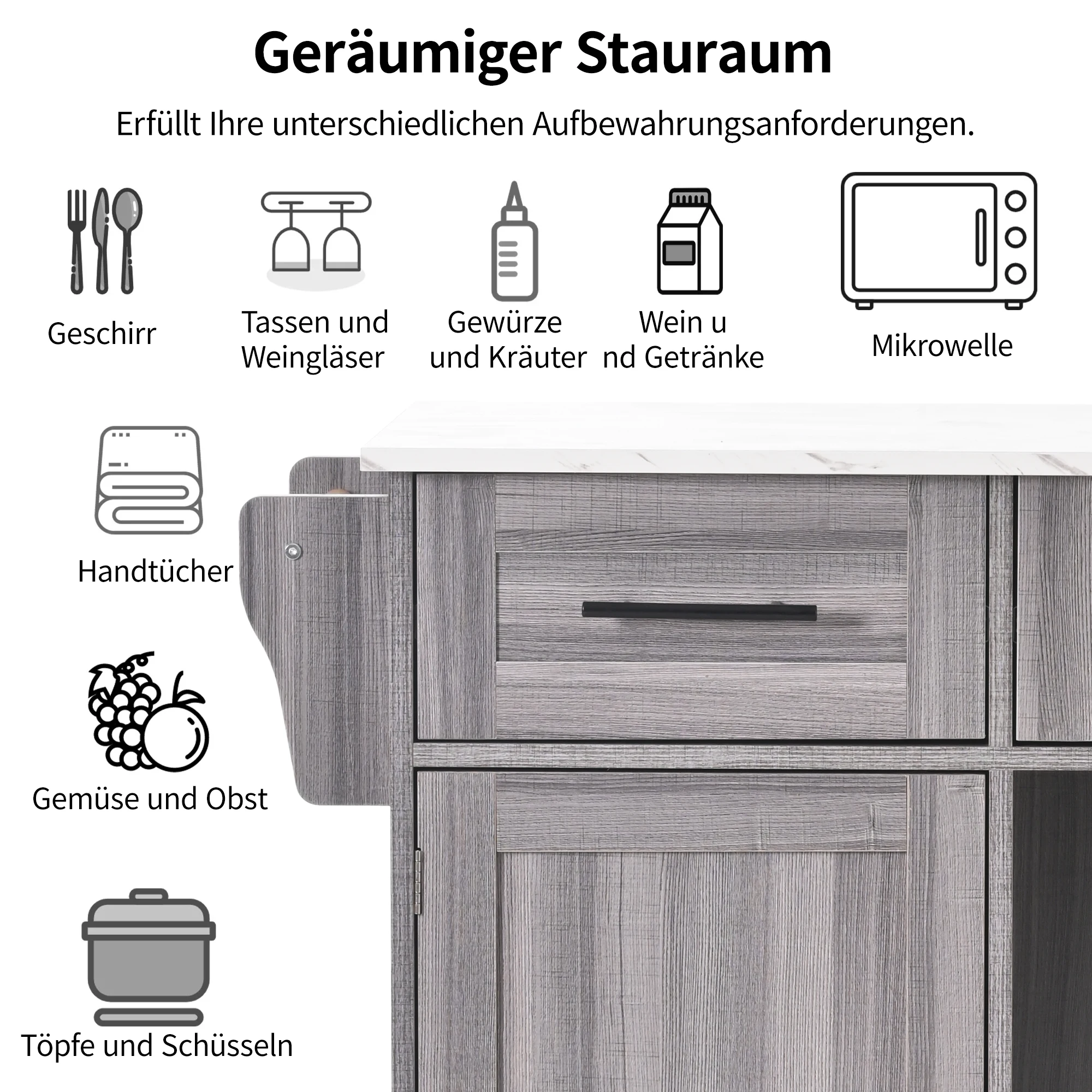 139 x 46 (71) x 91,5 cm Servierwagen/Beistellschrank, graues Massivholzfurnier für den Korpus + Dekoration aus weißem Marmorfurnier – Detail 9