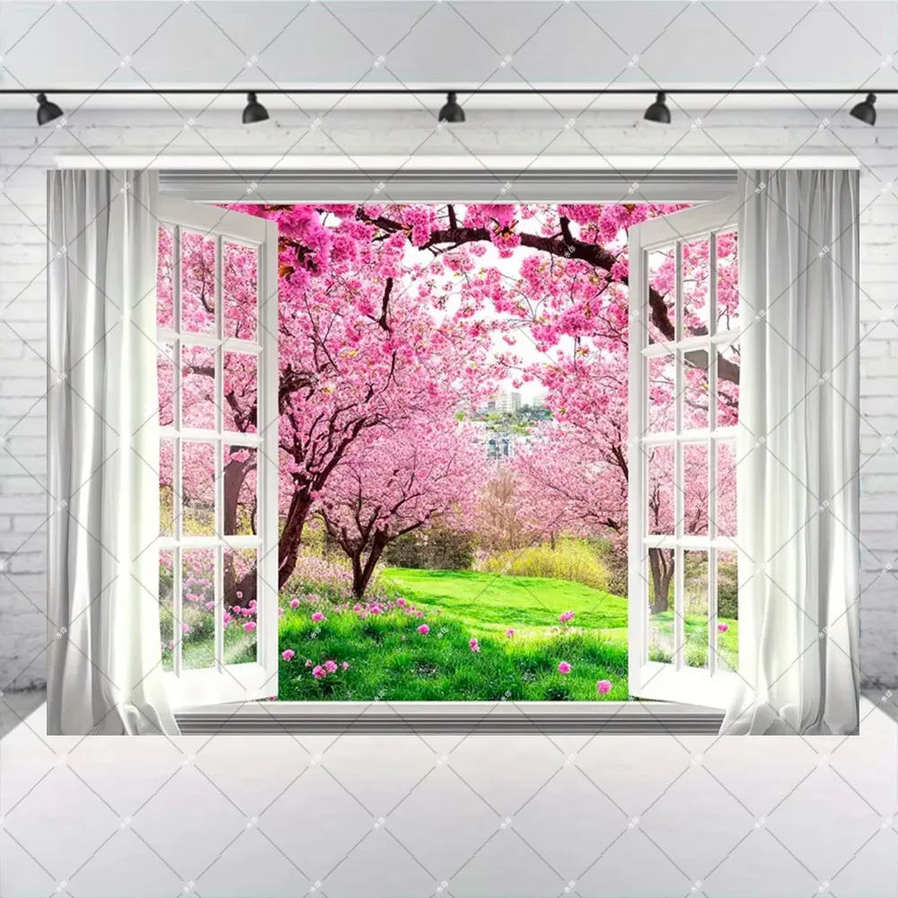Spring Natural Flowers Theme Garden Backdrop with Cherry Blossoms and Grass