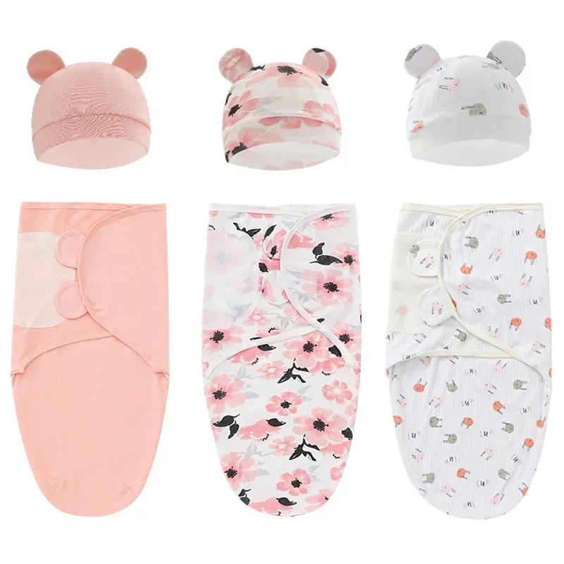 2PCS New Cotton Newborn Swaddle Blanket Baby Blanket Wrap Hat Set Infant Adjustable New Born Bedding Muslin Blankets 0-6 Months