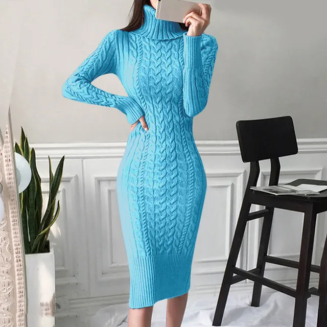Autumn and Winter Womens Long Sleeve Turtleneck Sweater Dresses Warm Knitted Bodycon Pullovers Jumper Dresses Vestidos Largos 2