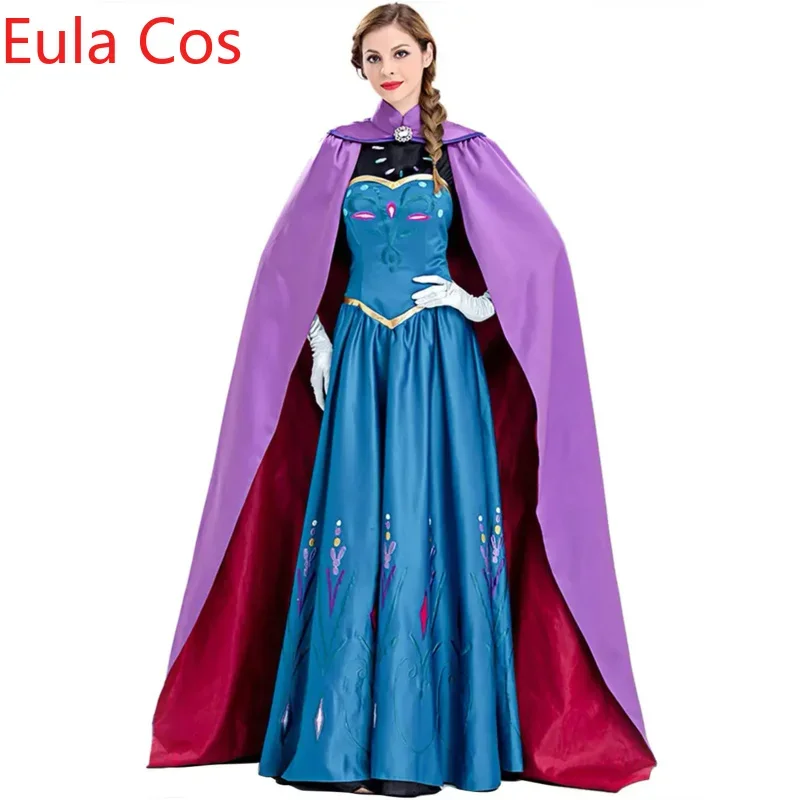 

Frozen Anna Princess Long Dress with Clocak Adults Snow Queen Elsa Cosplay Costume Party Dresses for Women Halloween Fancy Dress