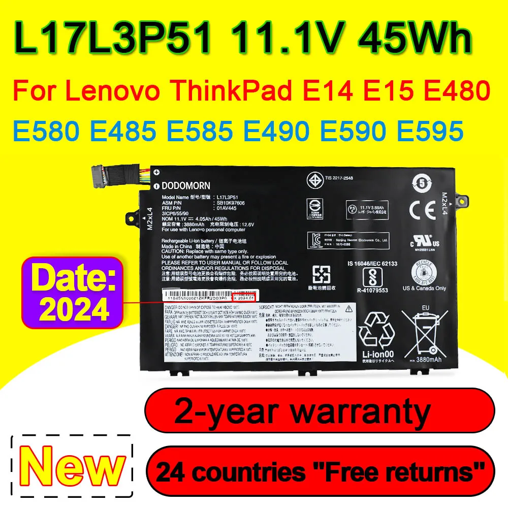 

L17L3P51 Battery For Lenovo ThinkPad E15 E480 E490 E495 E580 E585 E590 E595 Laptop L17M3P51 L17C3P51 01AV446 01AV445 11.1V 45Wh