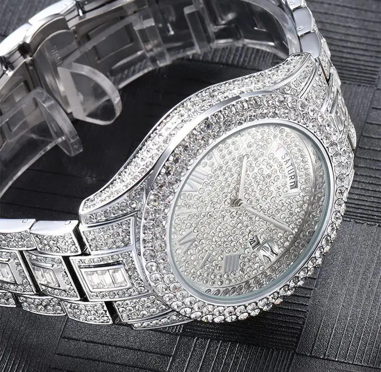 MISSFOX Guldklocka för män Mode Hip Hop Iced Diamond Automatisk kalendervecka Vattentät Quartz Armbandsur Man Reloj_voghion.com