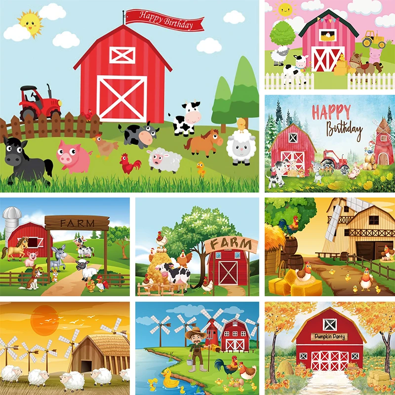 

Farm Birthday Party Backdrop Cartoon Granja Decorations Kids Boys Girls Pink Barn Field Cow Animals Photo Background Wall Banner