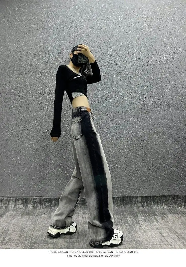 American Retro High Waist Straight Jeans Hip-Hop Gray-Black Color Matching Pants 2024 Casual High Waist And Slim Wide-Leg Pants