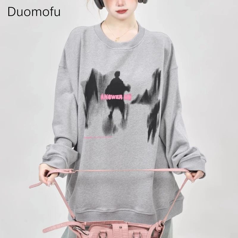 Duomofu Y2k Aesthetic Graphic Grey Sweatshirts Women Korean Style White Long Sleeve Pullover Harajuku Streetwear Oversize Tops