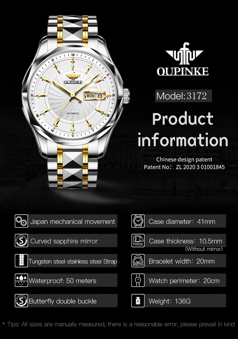OUPINKE 3172 Japan mechanical movement watch tungsten steel Sapphire Crystal Genuine Automatic Mechanical Watch for Men Original
