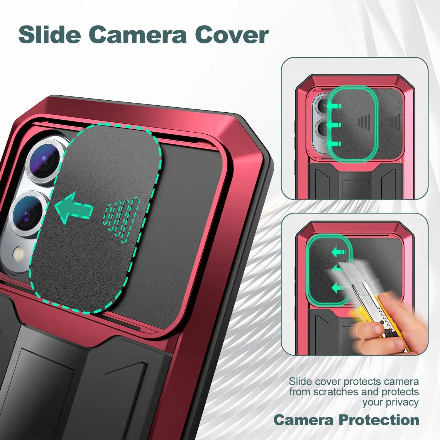 Premium Metal Case with Screen Protector, Slide Camera Cover, Kickstand, and Heavy Duty Shockproof Design