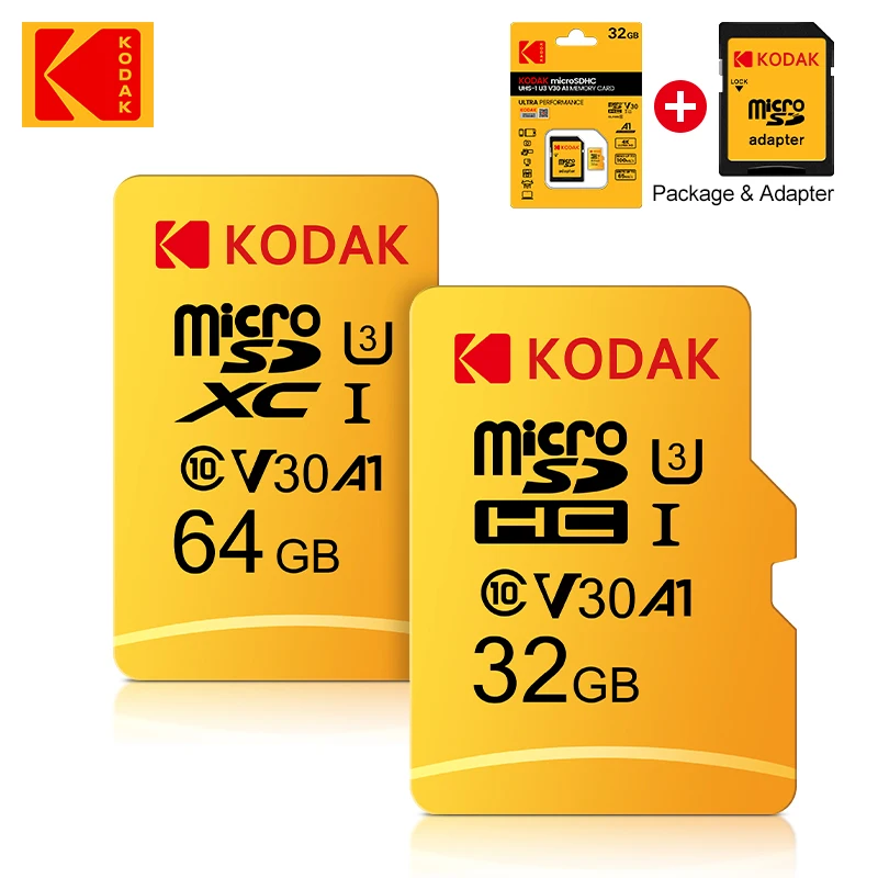 KODAK 마이크로 tf SD 카드, 고속 4K SDXC SDHC 클래스 10 V30, 128GB, 256GB, HS-I HD SLR 디지털 카메라 메모리 카드, 32GB, 64GB