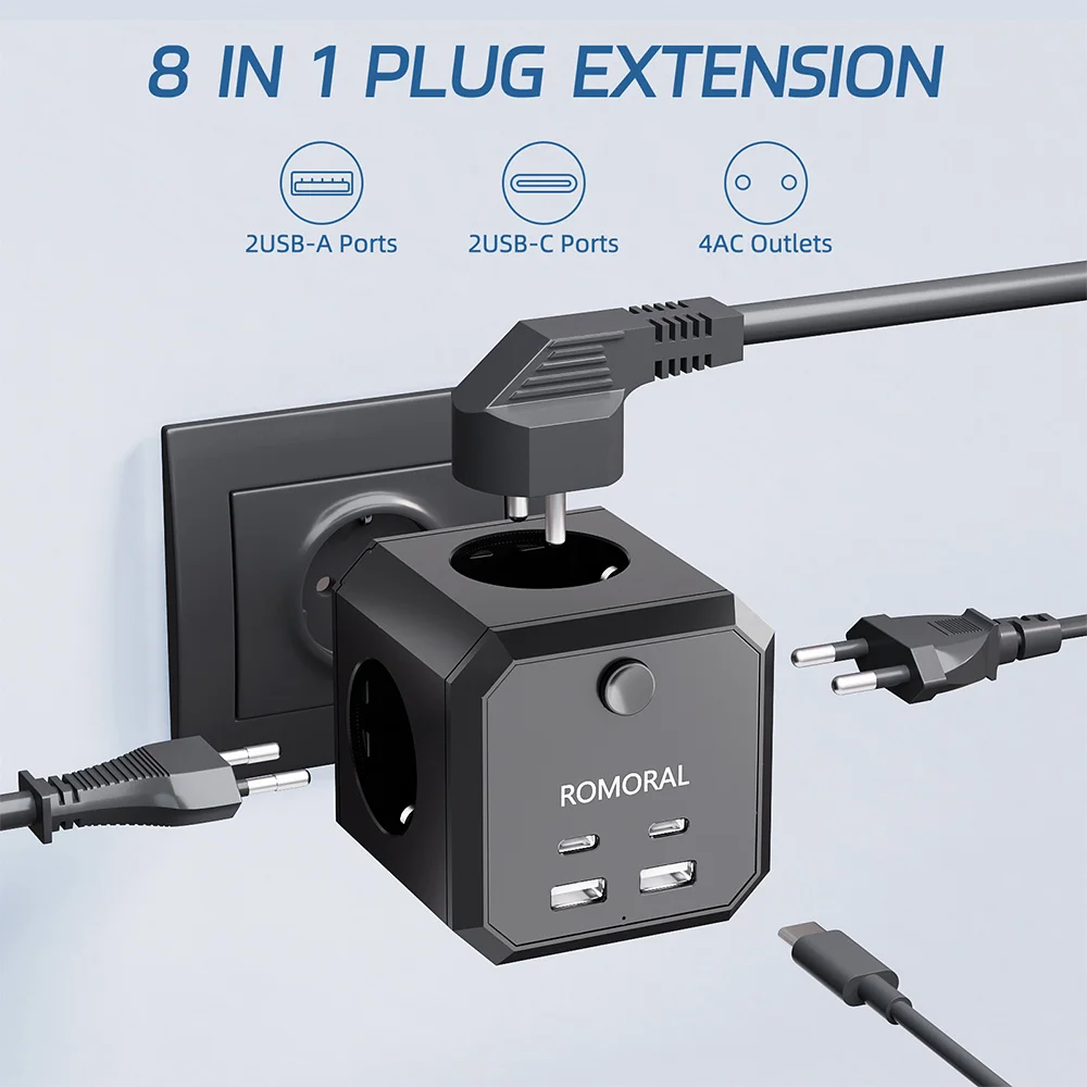 Power Strip EU Power Strip 4AC Multipriser 250V 16A USB Plug Wall Charger Multiple Sockets Extender For Home Office