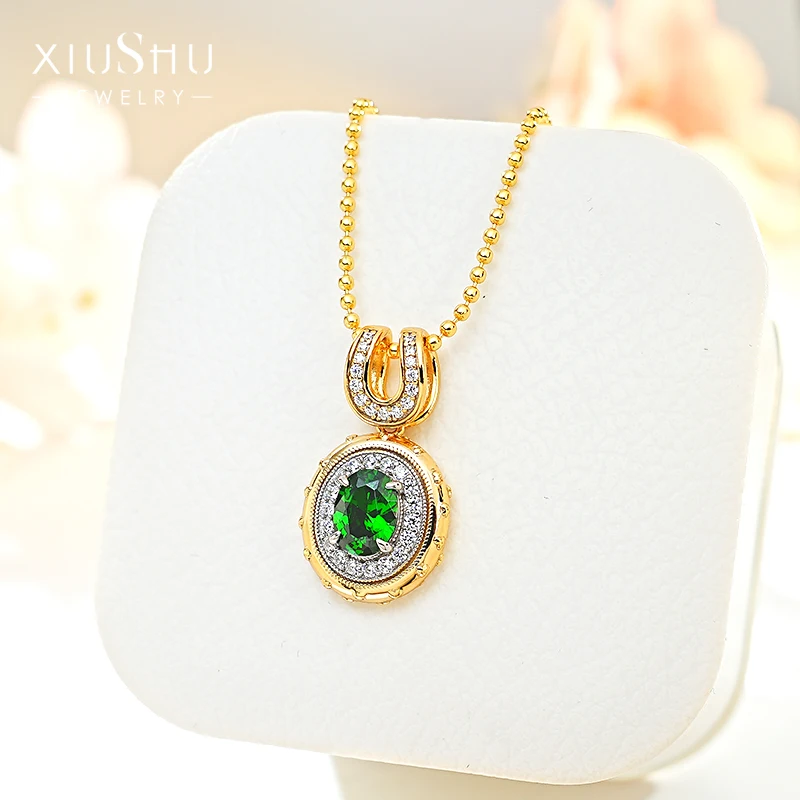 

Medieval Style Artificial Green Tourmaline 925 Silver Oval Pendant Inlaid with High Carbon Diamond Niche Design