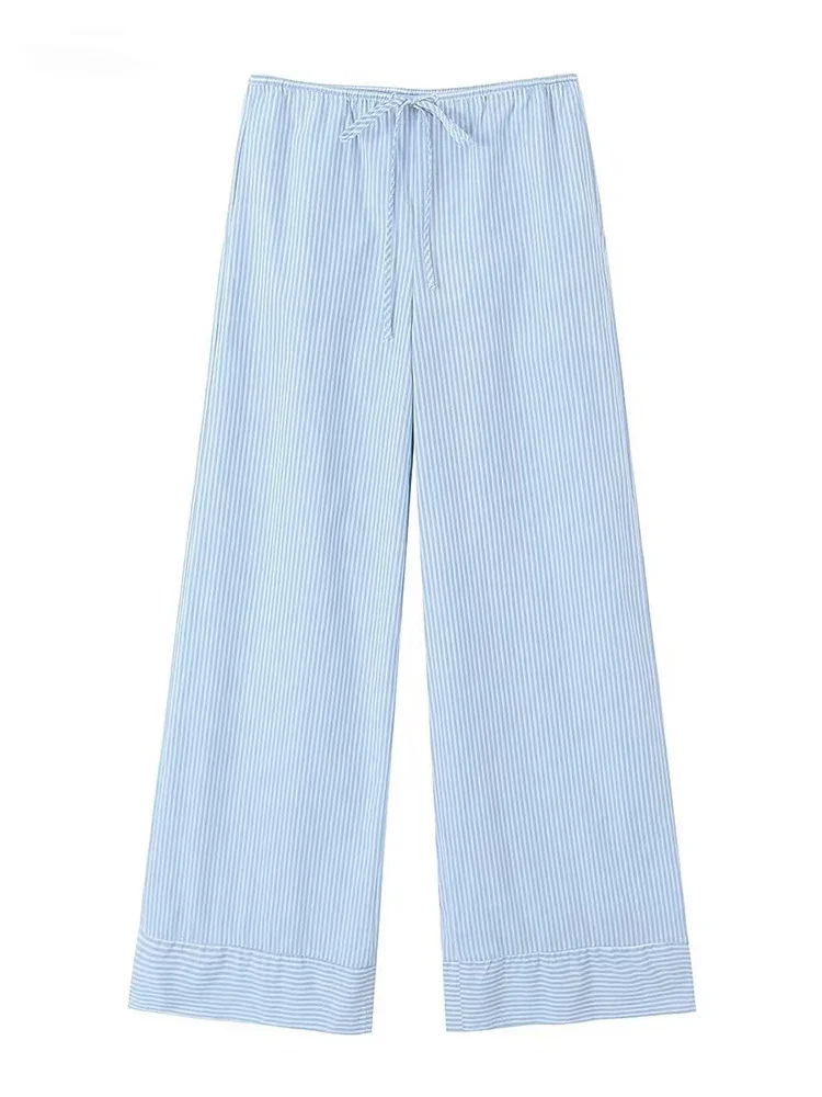 Fashion Korean Women's High Waisted Drawstring Fine Striped Blue Pants Retro Classic Women Vacation Style Loose Wide Leg Pants