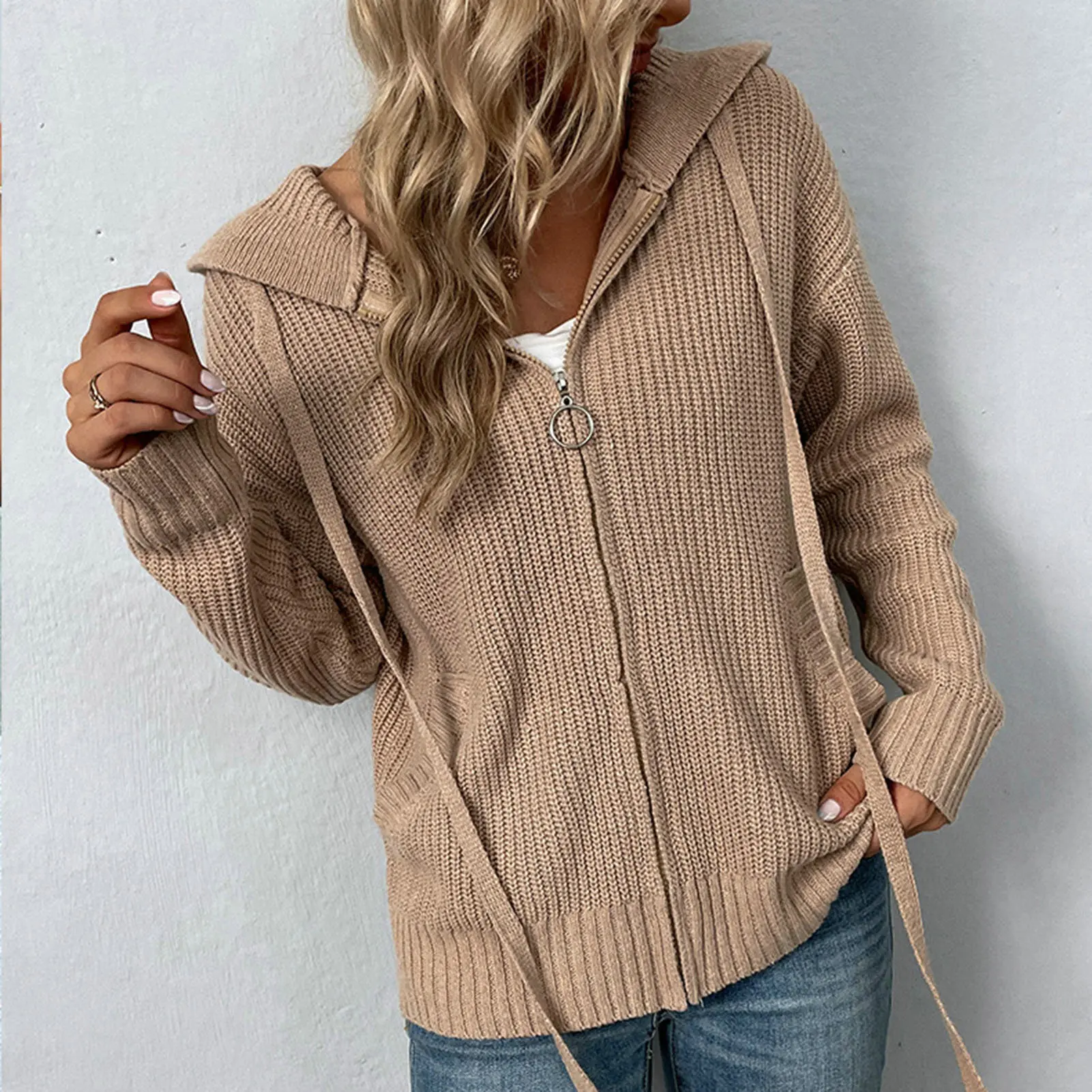 

Women Knitted Coat Hooded Women Jacket Cozy Knitted Cardigan Jacket Zip-up Warm Cardigan Sweater Coat кардиган женский