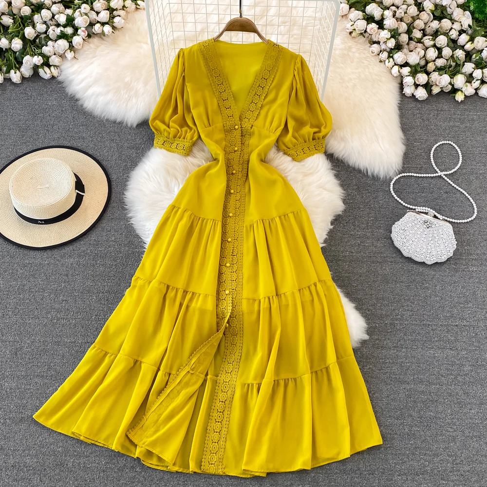 New Women Vintage Party Dress Summer Puff Sleeve Sexy V Neck Lace Single-breasted Long Dresses Ladies A Line Elegant Long Robe