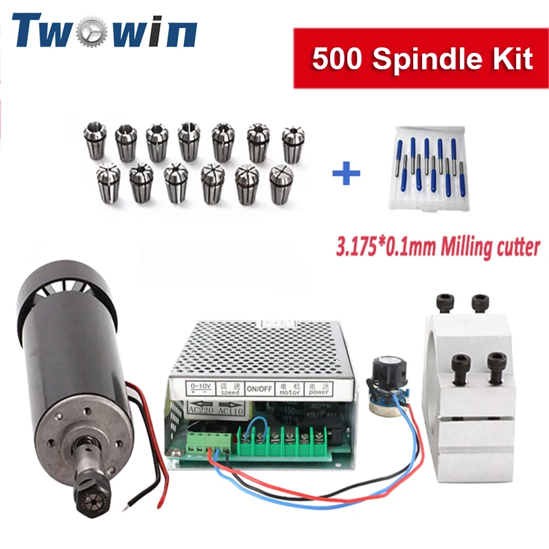 

TWOWIN CNC Spindle 500W Air Cooled Milling Motor Spindle Speed Power Supply 52mm Clamp 13pcs ER11 10pcs 3.175*0.1mm Cutter