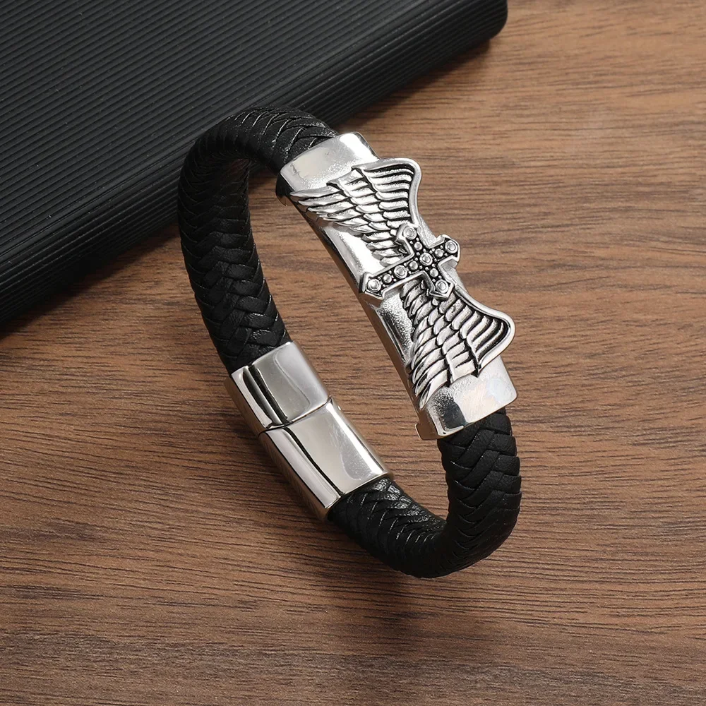 

Мужской браслет из нержавеющей стали в стиле ретро, плетеный вручную браслет с магнитной застежкой, кожаный черный, ювелирное изделие в подарок