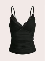 Haut court sexy en dentelle contrastante avec nœud sur le devant pour femme, collection été 2024, style grunge punk Y2K, t-shirt froncé moulant dos nu 5