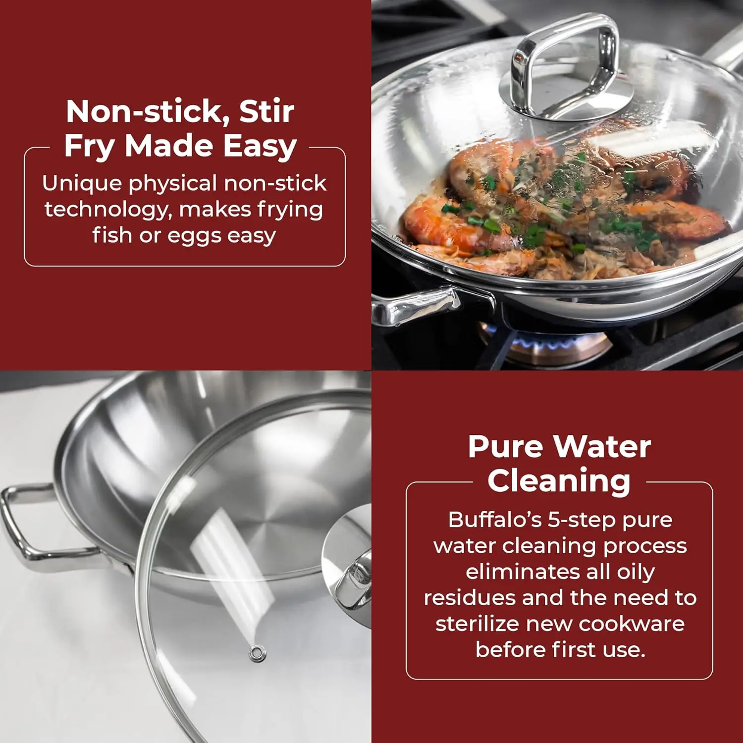 Clad Stainless Steel Wok Pan with Lid Flat Bottom 12 inch (30cm) - Small Stir Frying Pan with Stay-Cool Long Handle - Tr 3