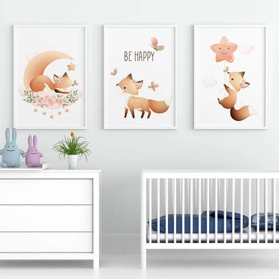 

Be Happy Fox Wall Art Moon Star Butterfly fCanvas Painting Nordic Posters And Prints Wall Pictures For Baby Boy Girl Room Decor