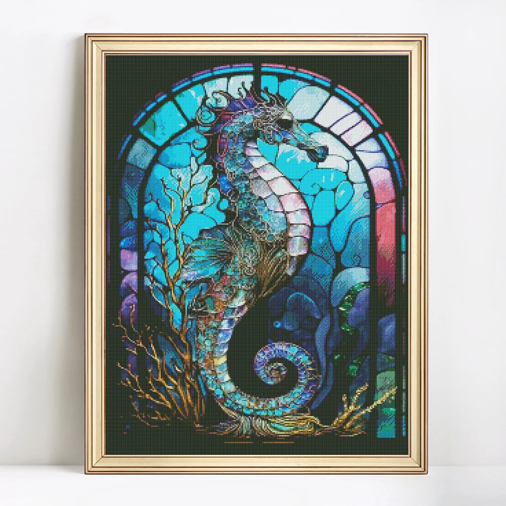 HUACAN Sea Horse Cross Stitch Flower Printed Canvas Needlework 14CT Kits DIY Handmade Embroidery Animal Gift Home Decoration