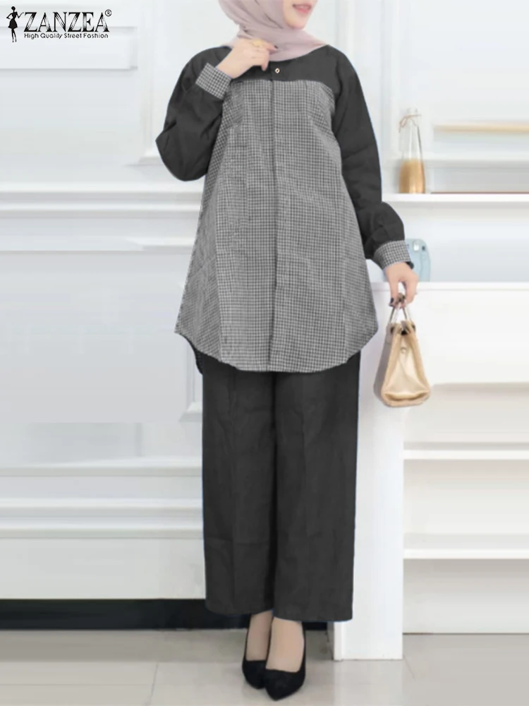 

Осенние женские клетчатые костюмы ZANZEA в клетку, 2 шт., Турецкая абайя, винтажные Лоскутные костюмы с длинным рукавом, блузка, брюки